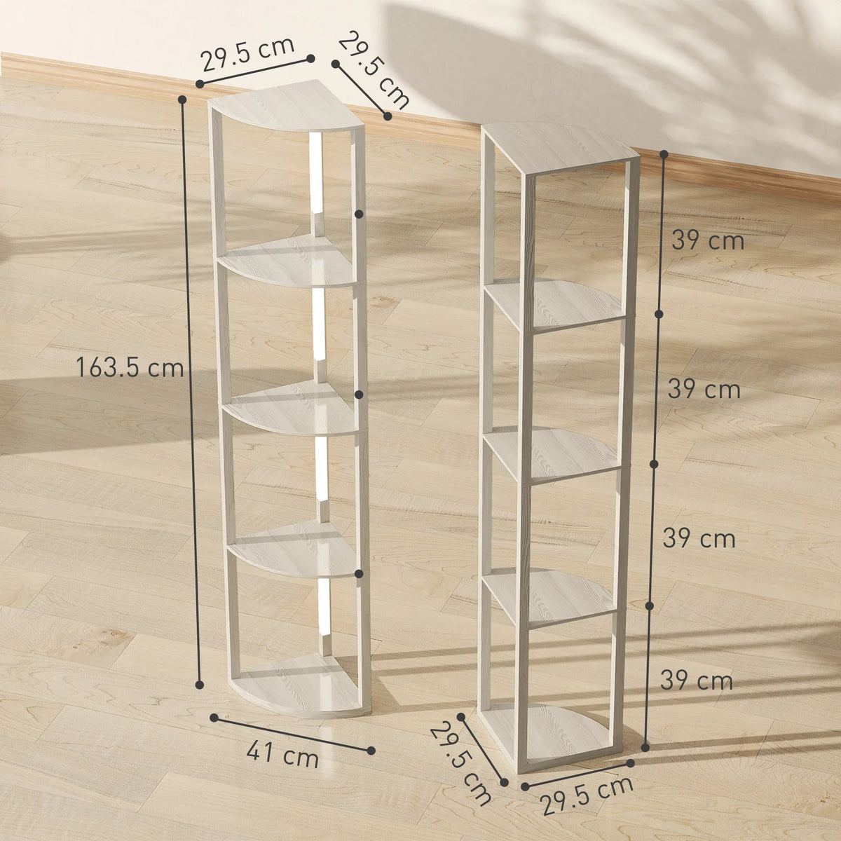 White corner floor lamp frame with four shelf tiers and height dimensions