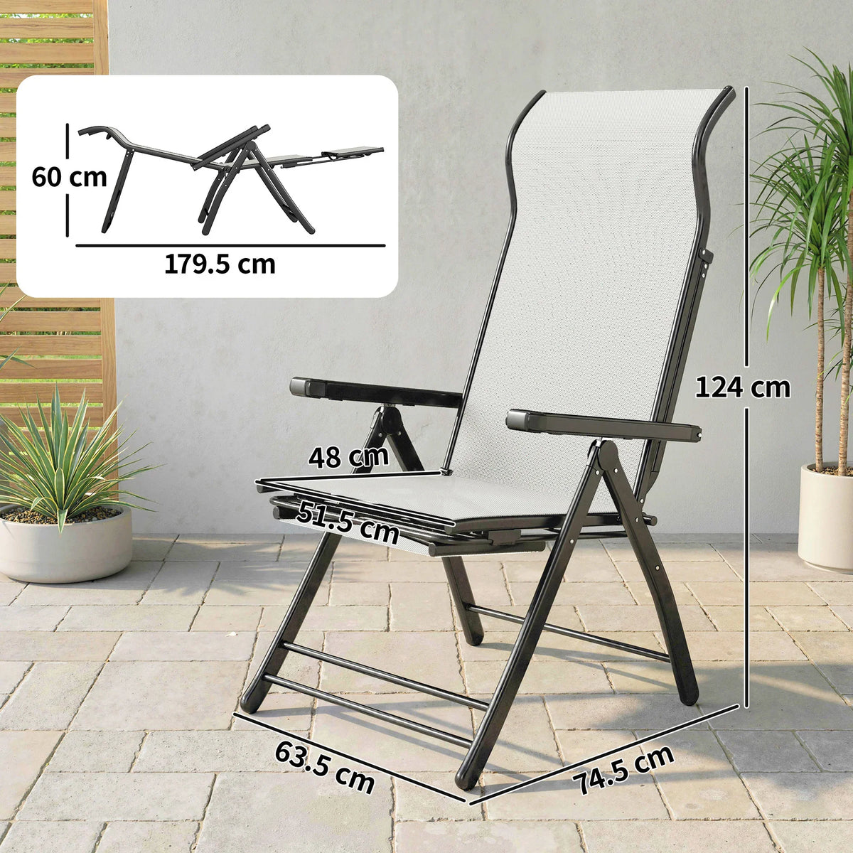 Folding reclining sun lounger chair with light grey back panel and black frame, side view