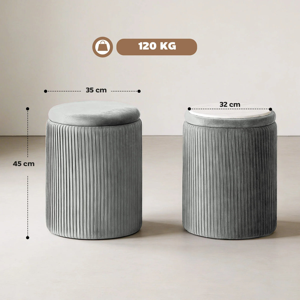 Grey round storage ottoman with ribbed sides and smooth cushioned top, side view