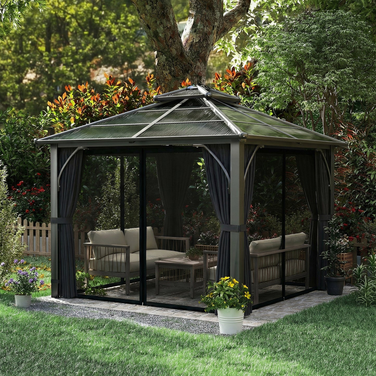 Outsunny 2.5 x 2.5 m Hardtop Gazebo With 7mm Polycarbonate Roof Netting Curtains Dark Grey