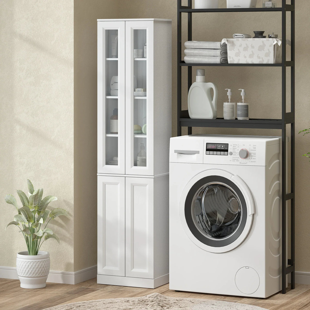 White tall storage cabinet with glass doors and lower cabinet doors next to washer
