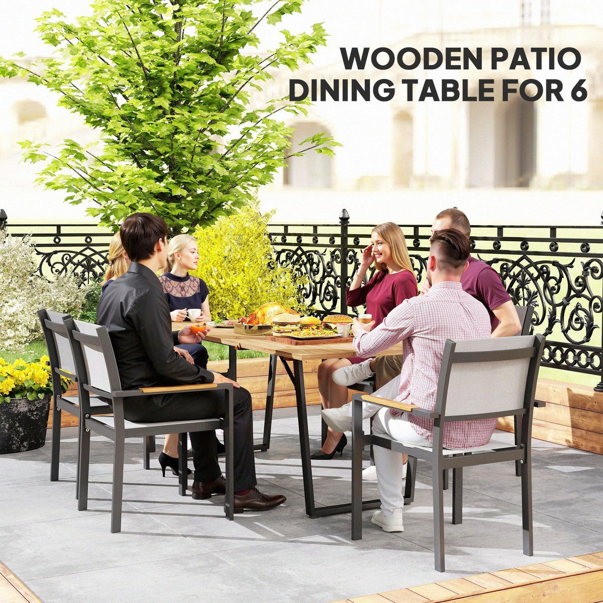 Wooden patio dining table for six with slatted top and parasol hole, brown with dark legs