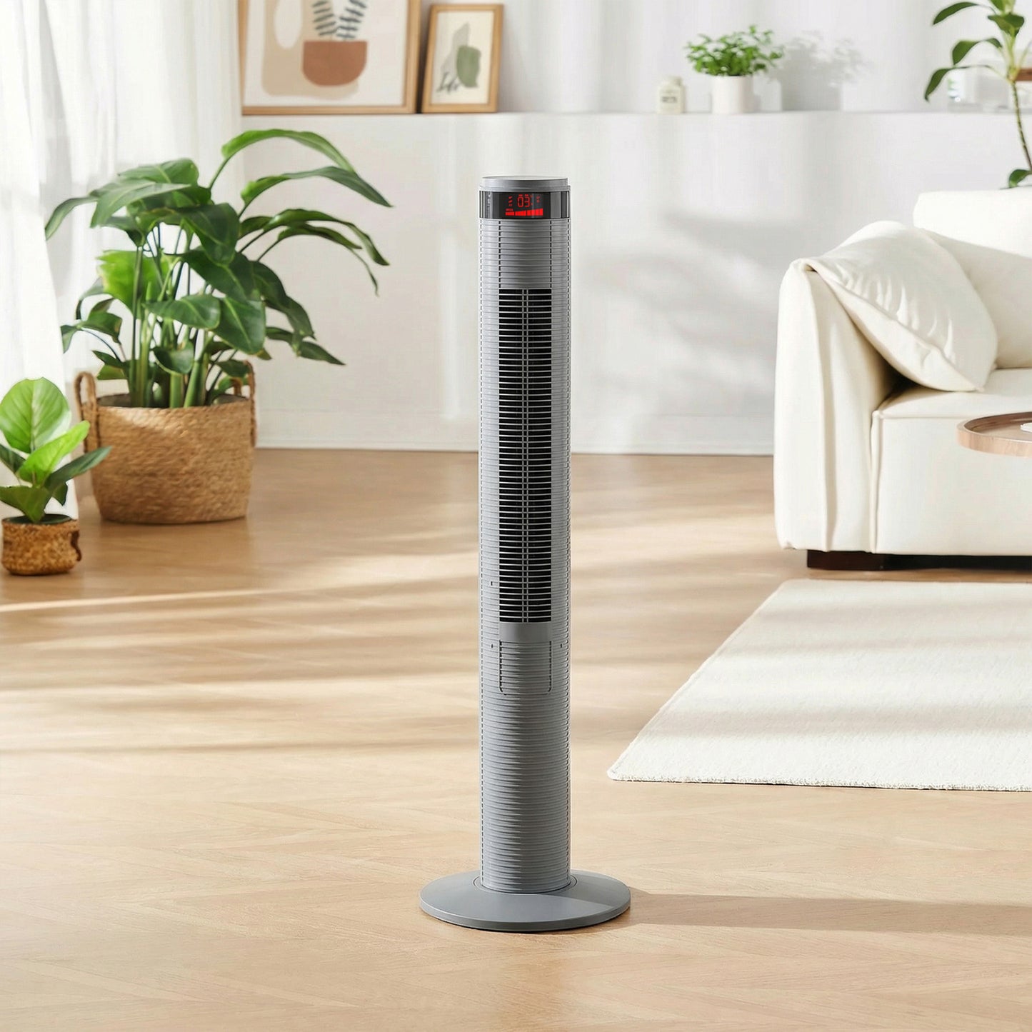 HOMCOM Oscillating Tower Fan With Remote Control LCD Screen 3 Speed 4 Wind Modes Grey