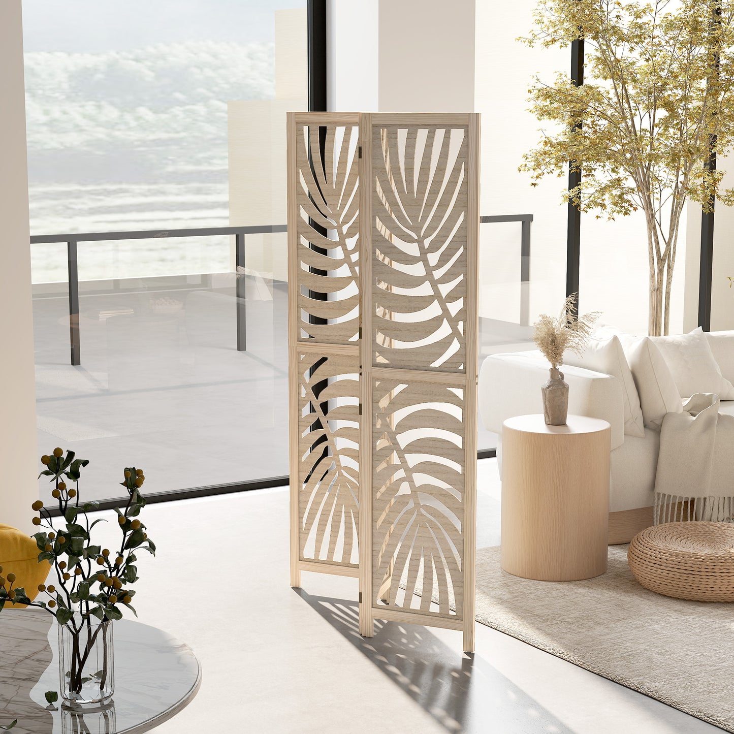 HOMCOM 3 Panel Room Divider With Palm Leaf Design Detachable Folding Privacy Screen Wood Finish For Home Office