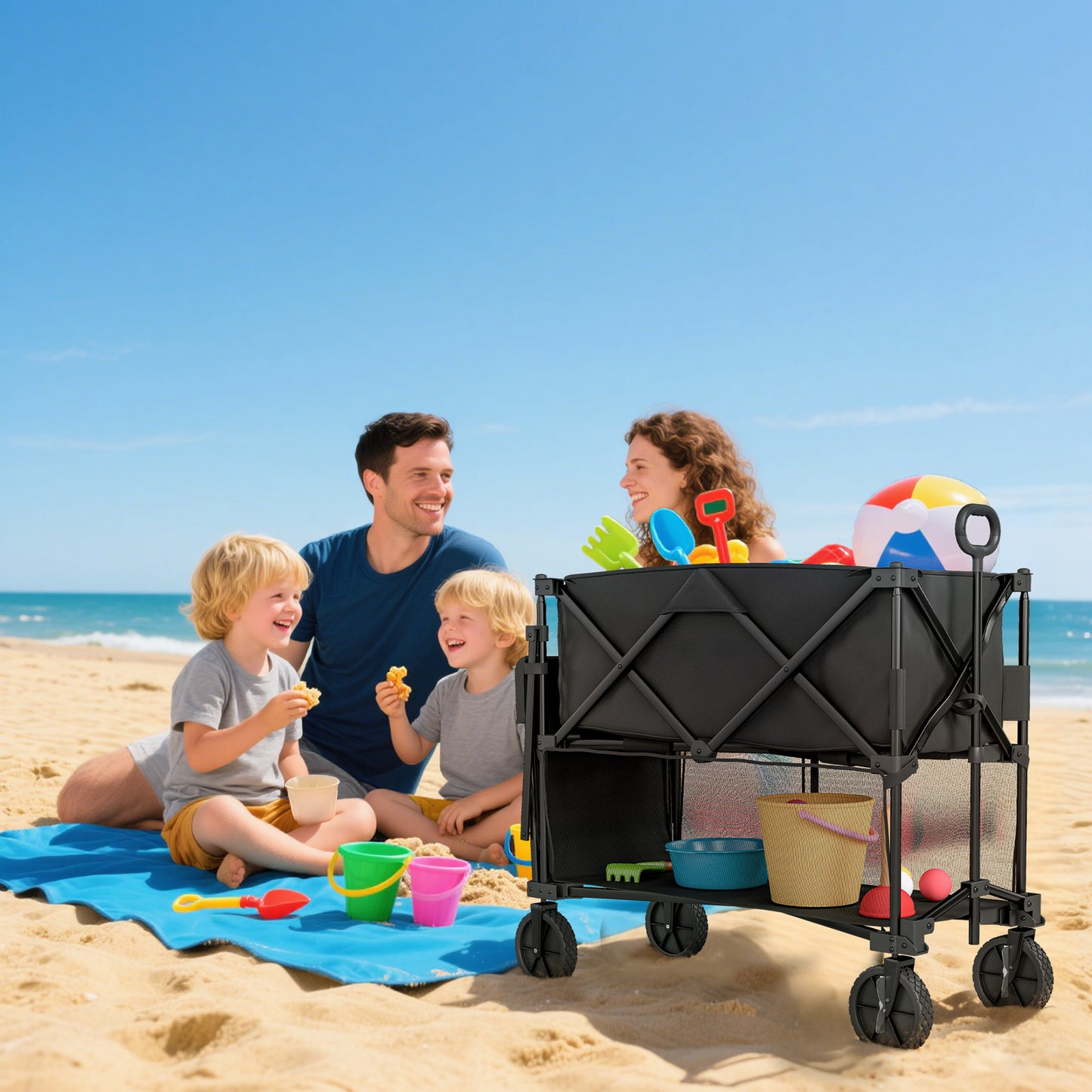 Outsunny Double Deck Folding Festival Wagon on Wheels 200kg 350L Capacity 134cm Extended for Camping Garden Beach