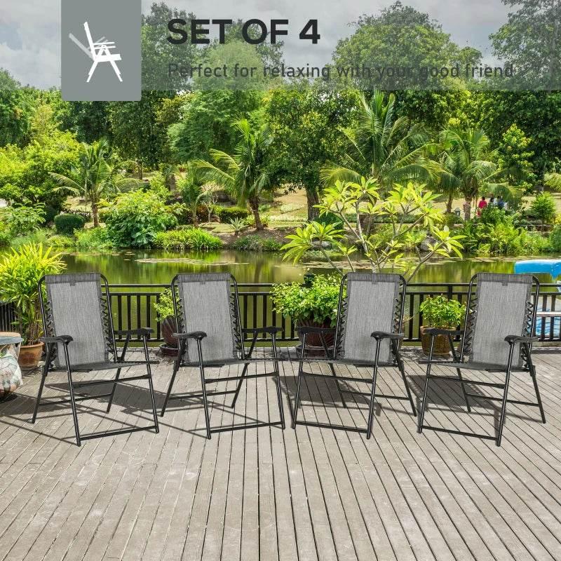 Outdoor folding patio chair set with grey mesh seats, armrests, and black steel frames