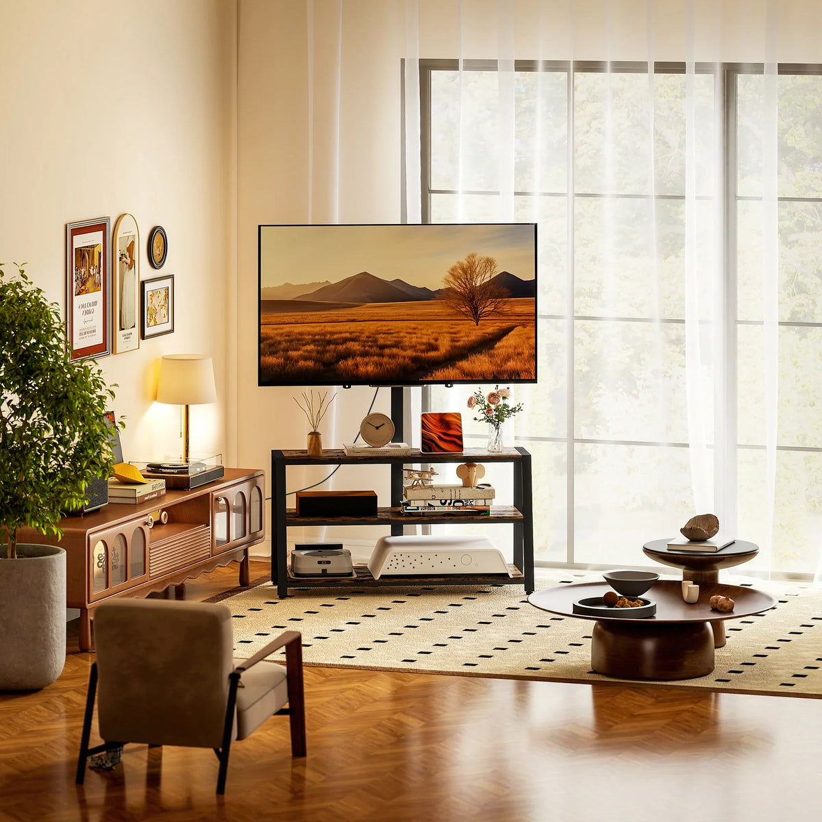 Industrial TV stand with mounted TV, dark brown shelves and dark steel legs