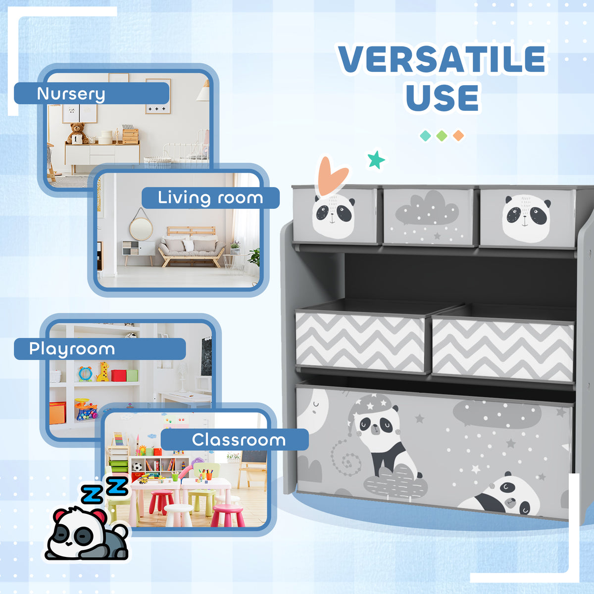 Grey kids storage hutch with panda bin fronts and zigzag-pattern cloth drawer