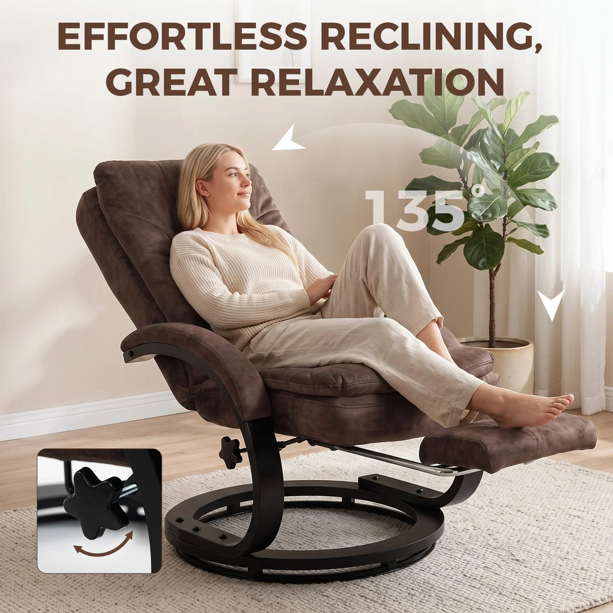Dark brown velvet swivel recliner chair with retractable footrest, reclining with raised seat