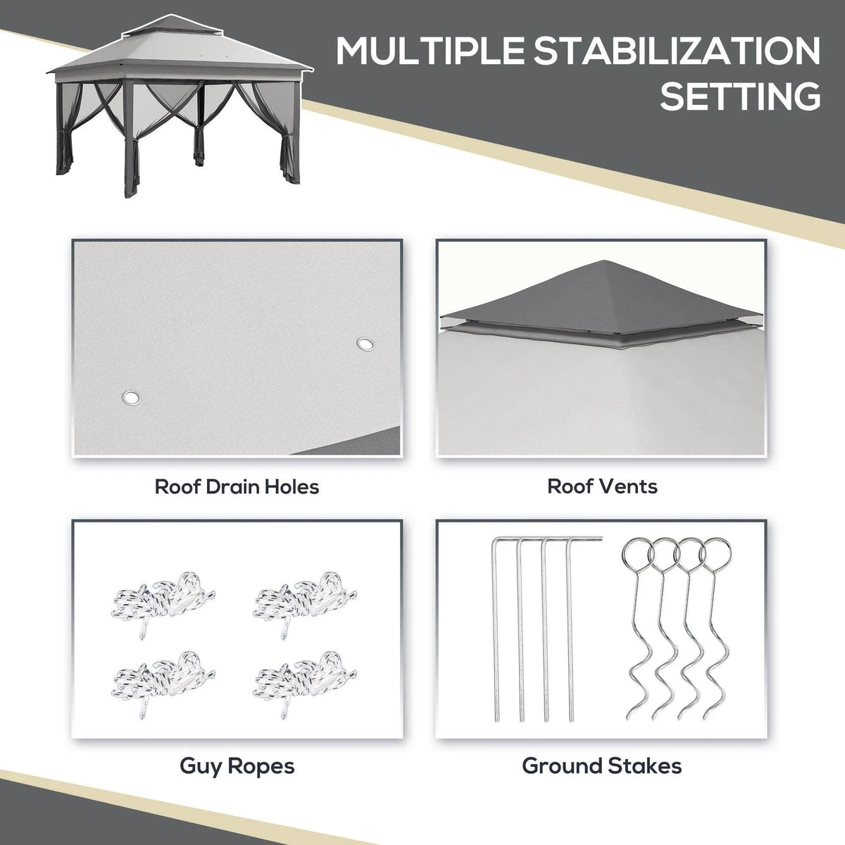 Gazebo roof features and accessories: drain holes, vents, guy ropes and ground stakes