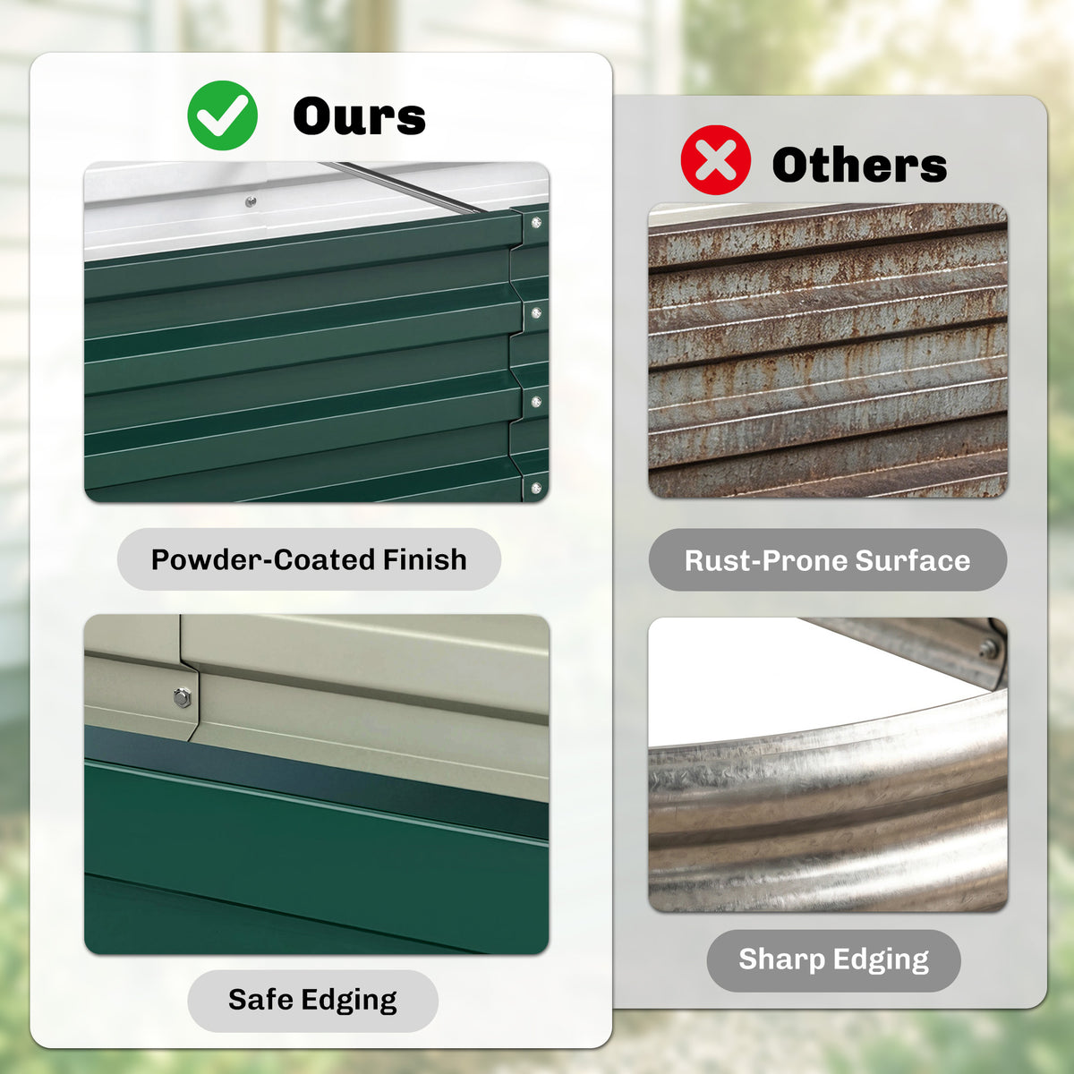 Two green raised garden beds shown in a comparison panel with safe, smooth edging.