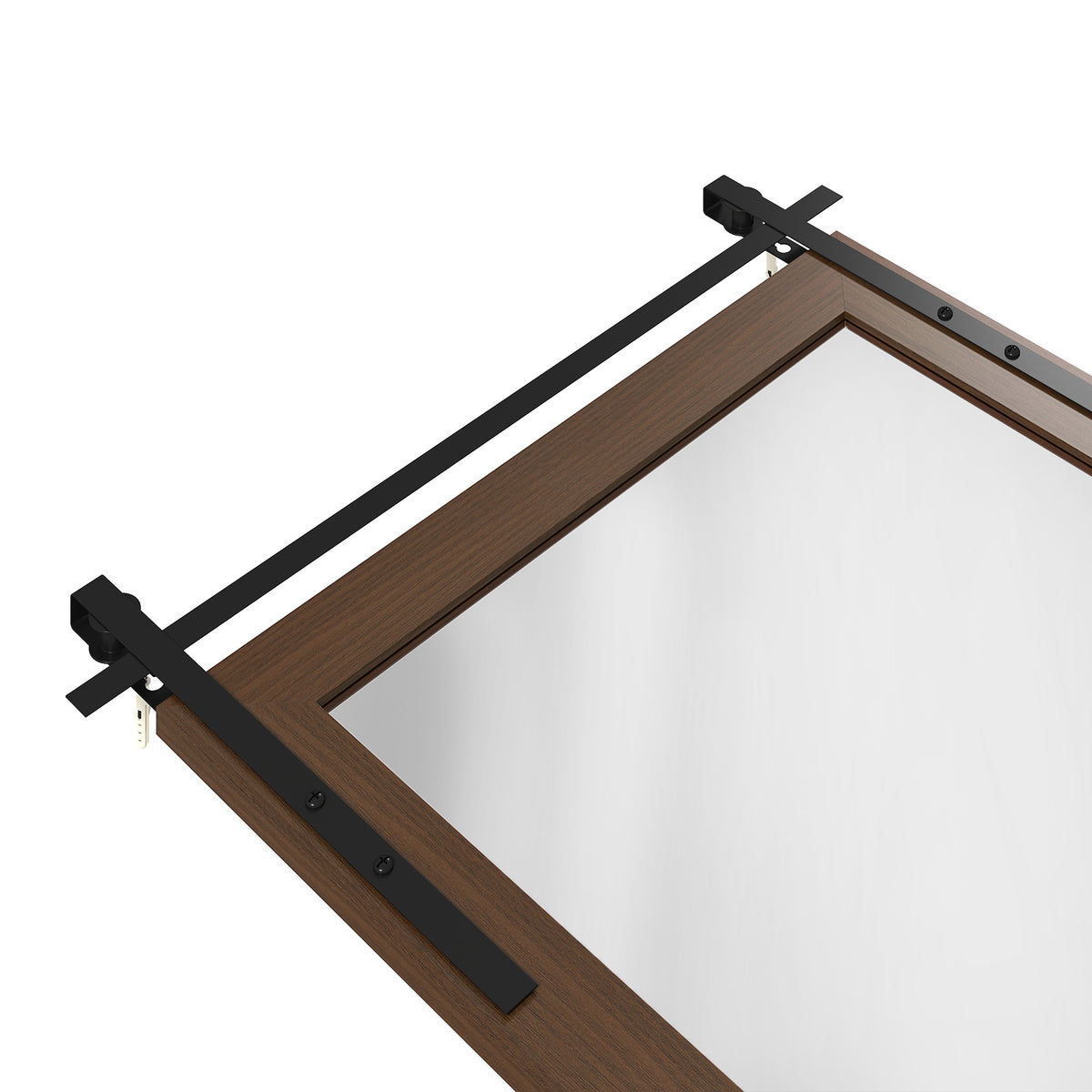 Rectangular wall mirror with dark brown frame and black reinforced backing bars