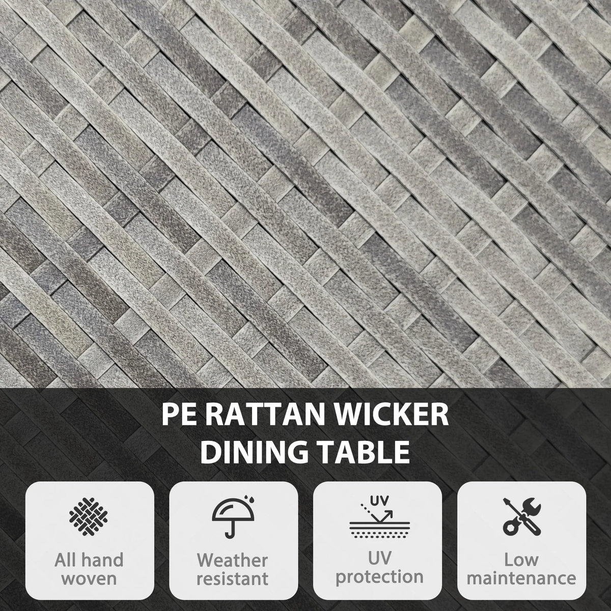 Close-up of gray PE rattan wicker weave pattern on a round table