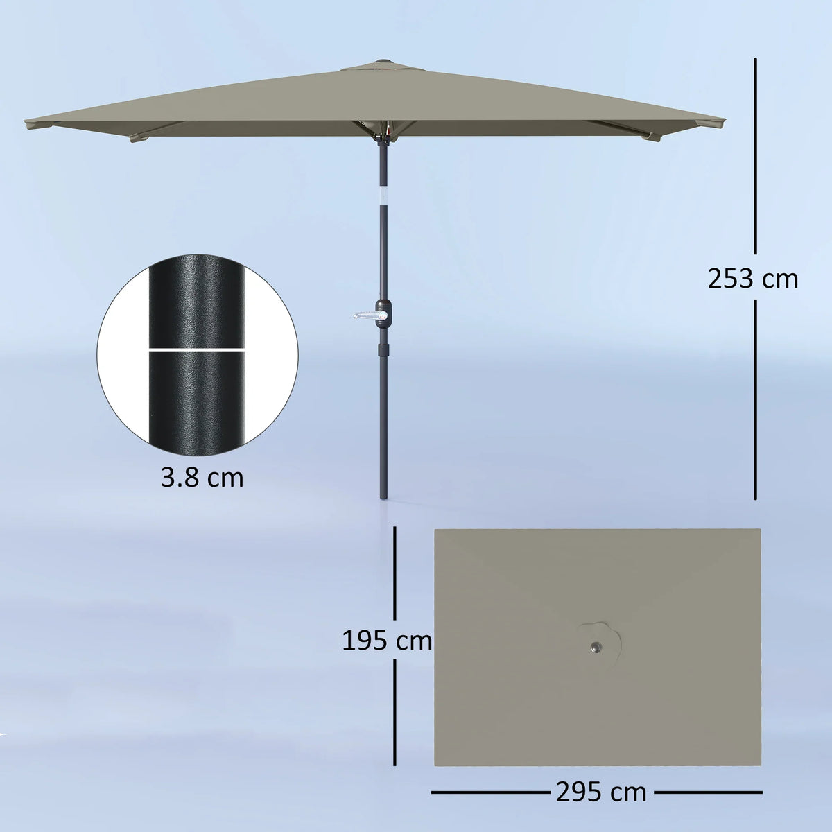 Rectangular patio parasol with light grey canopy and reinforced steel support pole
