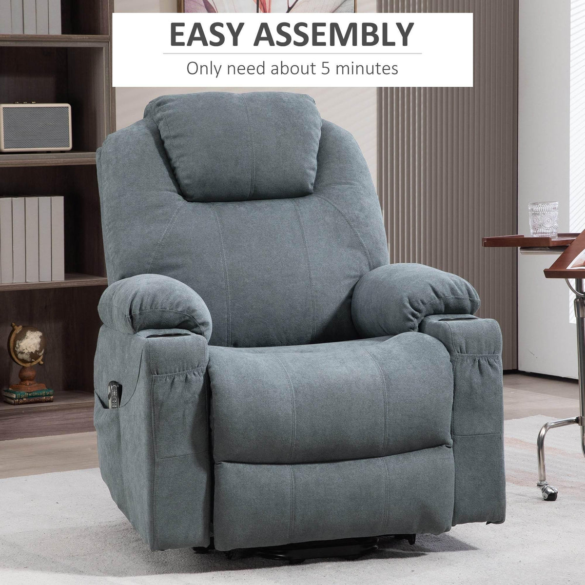 Electric lift recliner chair, charcoal fabric, upright position with side pockets