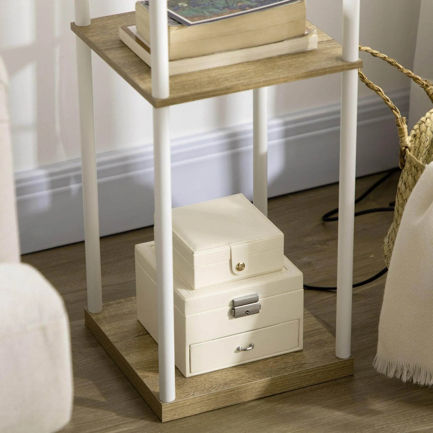 HOMCOM Modern Floor Lamp with Shelves, Fabric Lampshade, Pull Chain Switch - Bulb not included - ALL4U RETAILER LTD