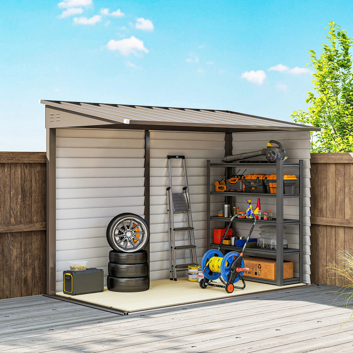 Brown metal garden shed with open doors showing shelves and yard tools inside