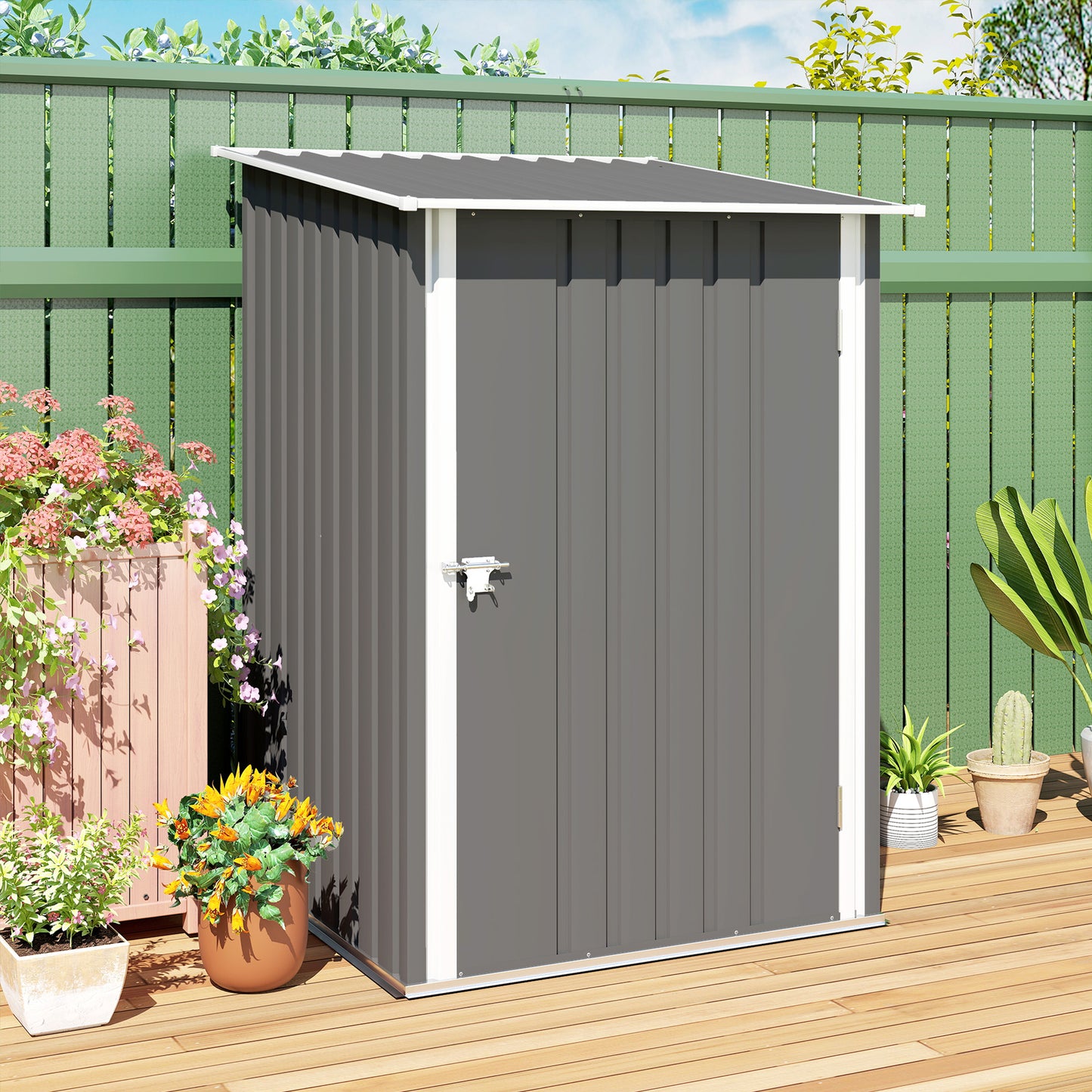 Outsunny 3.3 X 3.4 Ft Lean To Steel Garden Shed With Locking Door Grey Galvanised Steel Corrugated Finish Outdoor Storage