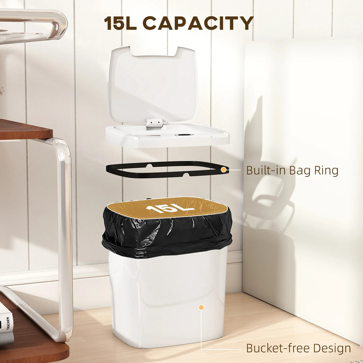 White 15L touchless sensor kitchen bin with built-in bag ring and open lid