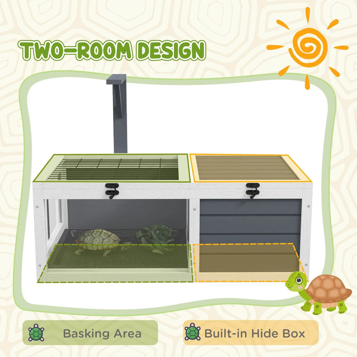 White wooden tortoise habitat with two internal rooms and divided basking and hide areas