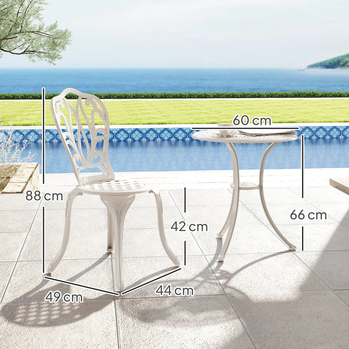 White metal bistro set with round table and two chairs, with height and width shown