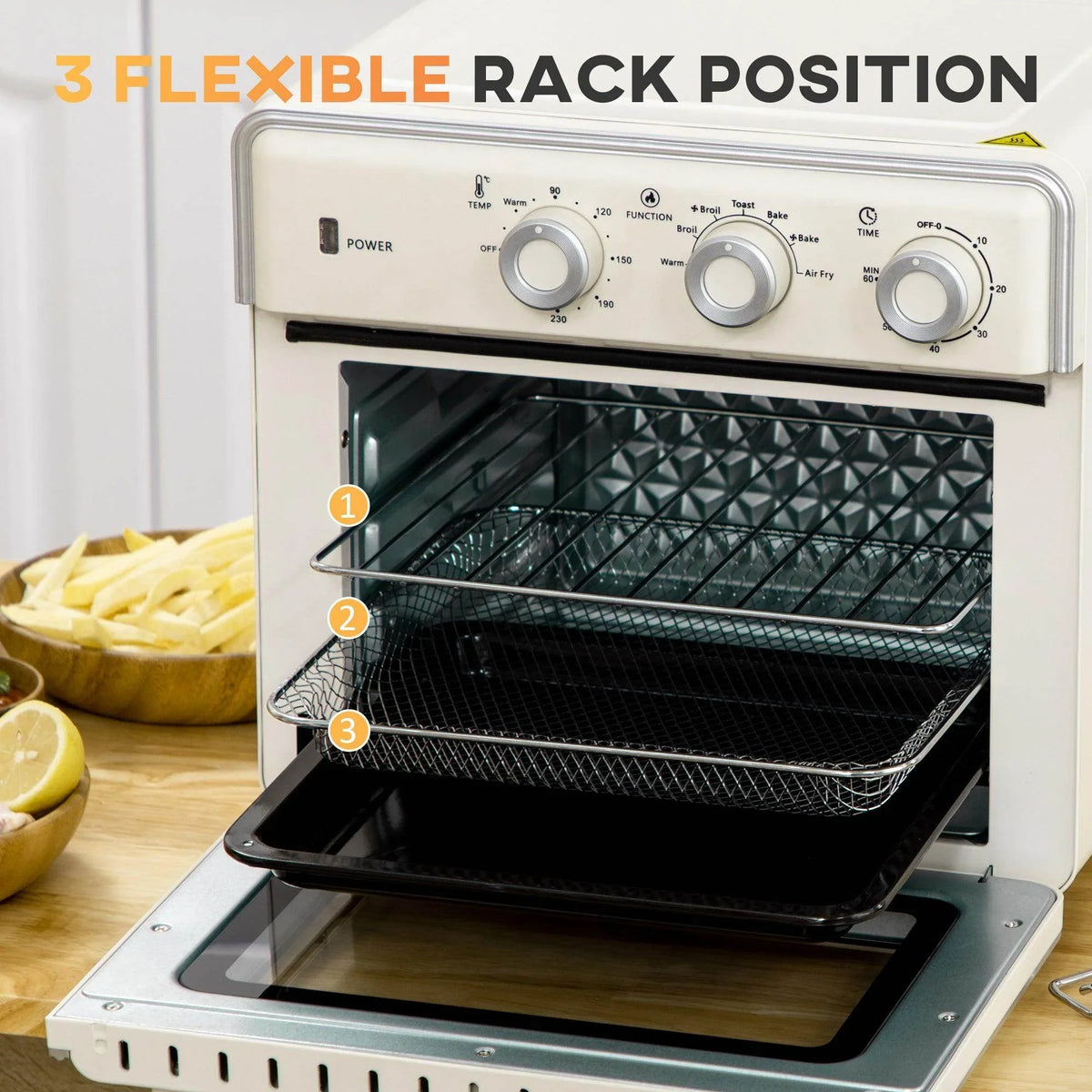 Cream toaster oven with open door showing three rack levels and wire rack positions