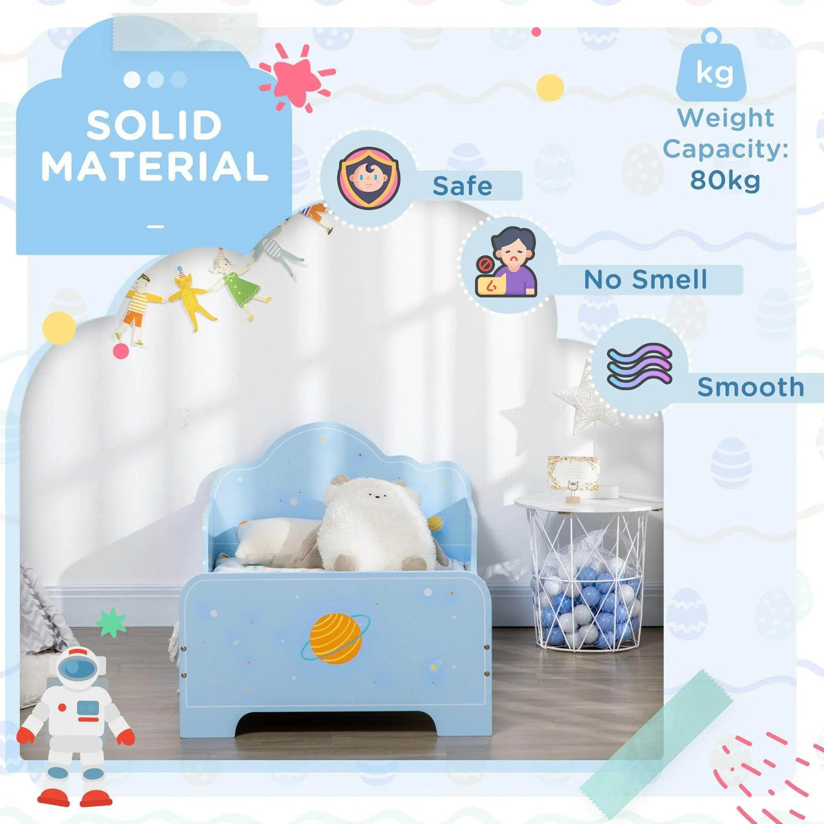 Kids blue toddler bed with front toy storage drawer and matching bench-style base