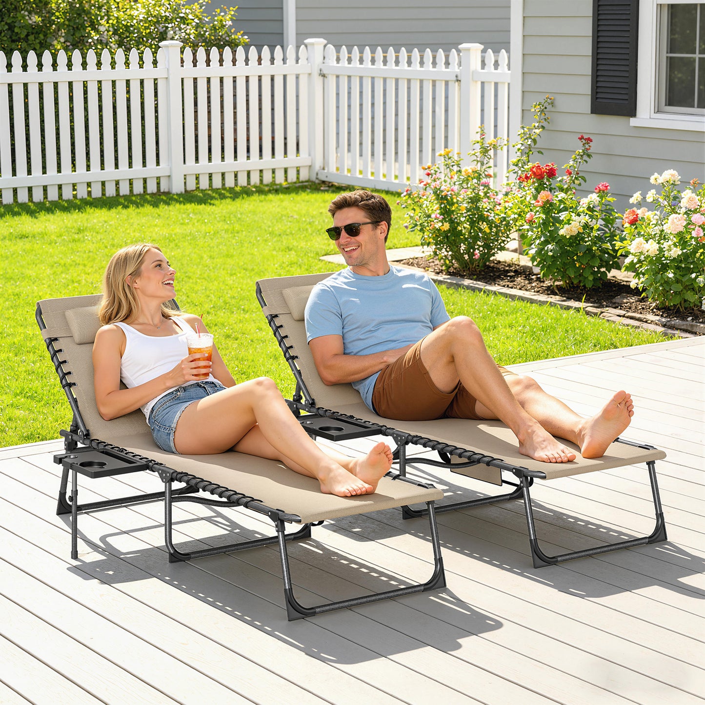 Outsunny Five Position Reclining Sun Loungers Set of 2 Beige Outdoor Lounge Chairs