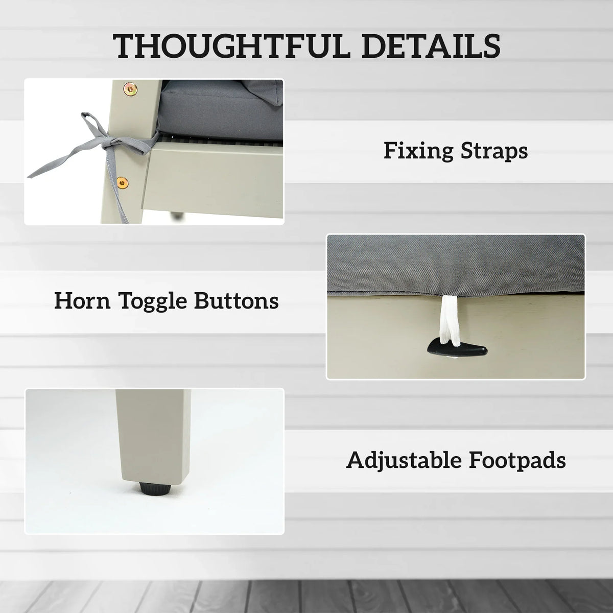 Outdoor rattan chair details: horn toggle buttons, fixing straps, adjustable footpads