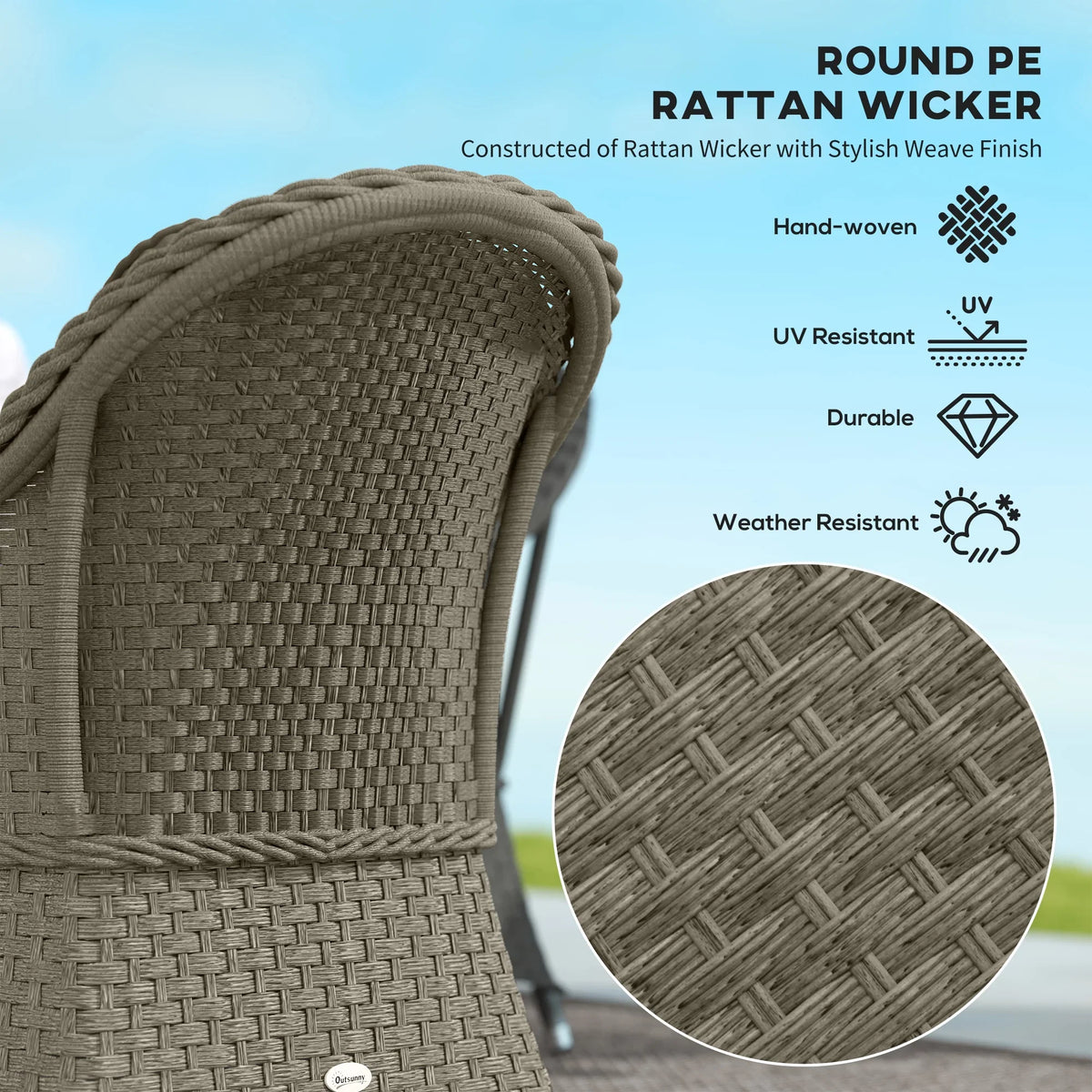 Rattan wicker weave close-up on outdoor armchair back in gray woven texture