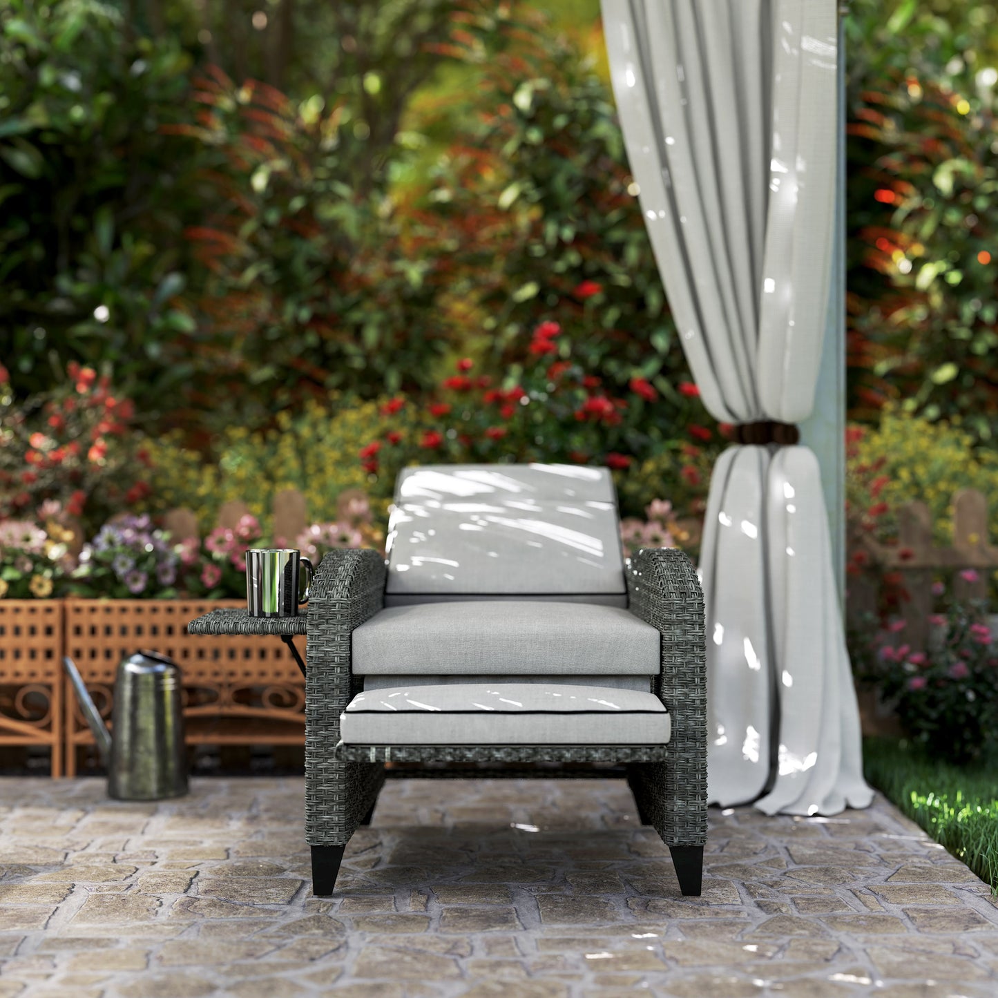 Outsunny Outdoor Recliner Chair With Adjustable Backrest And Footrest Cushion And Side Tray Light Grey
