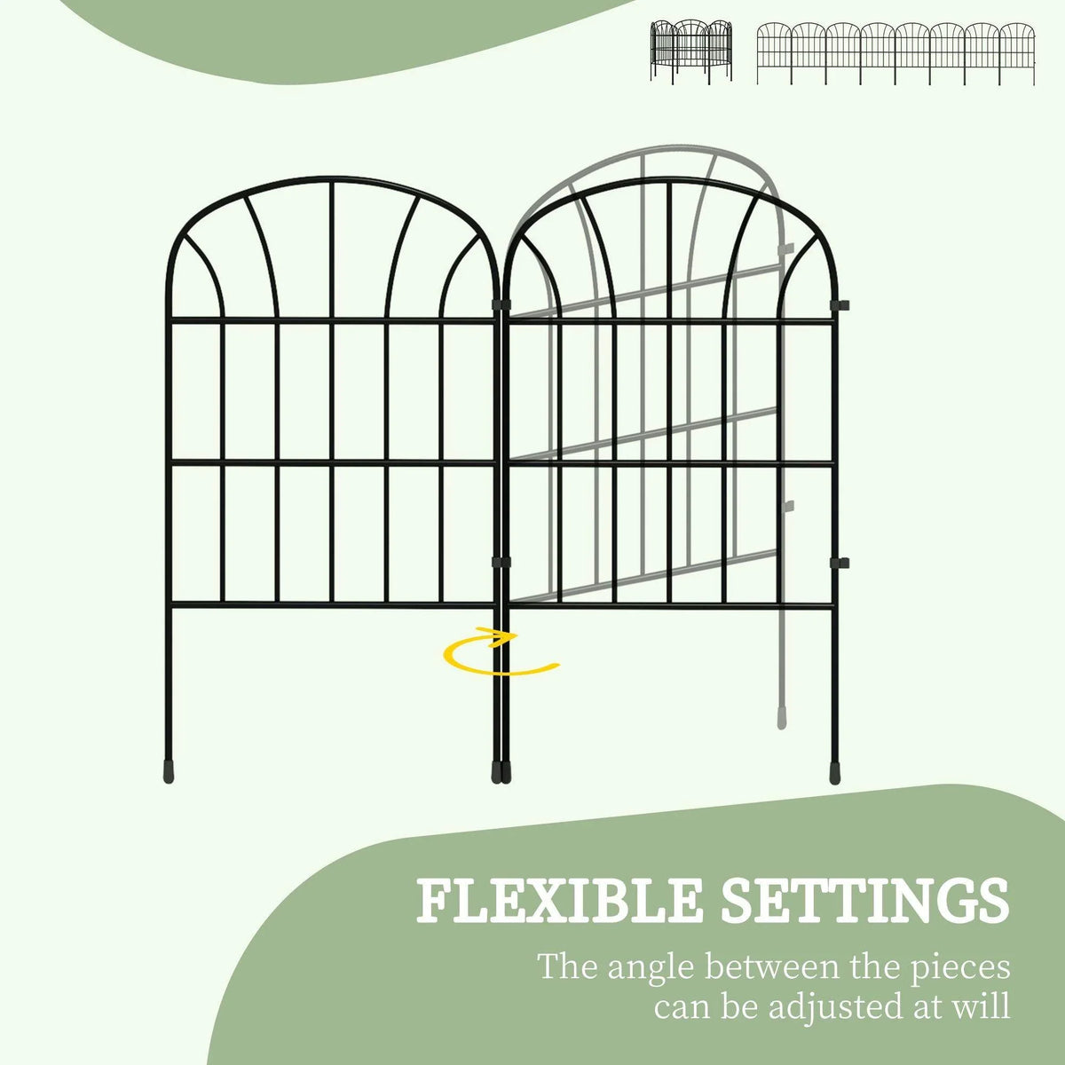 Black arched metal fence panel with adjustable panel angle and hinged join
