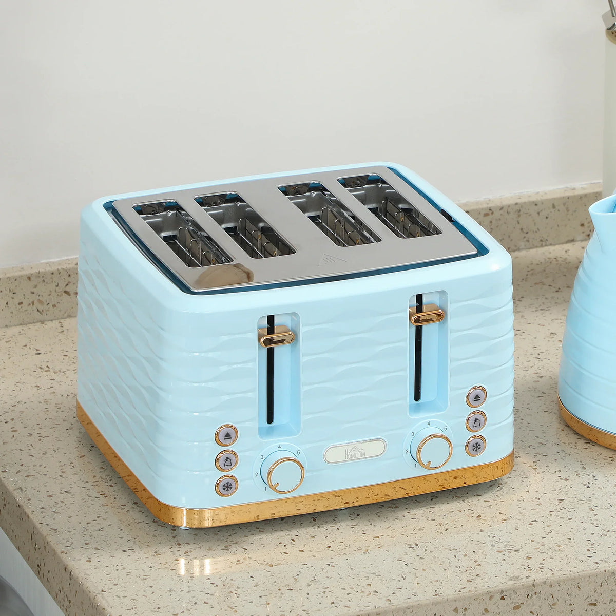 Light blue 4-slice toaster with four empty slots and gold-toned accent handles