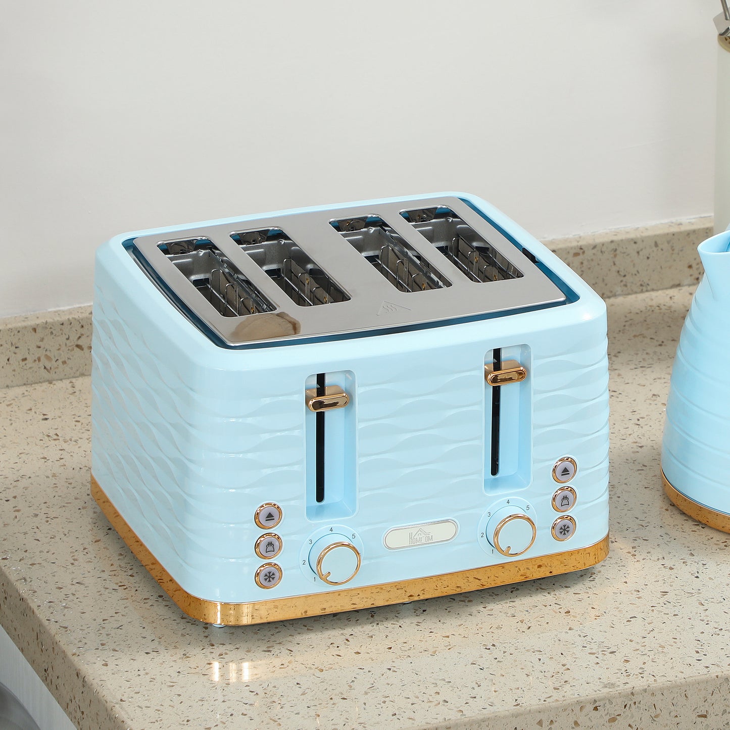 HOMCOM 3000W Kettle and 4 Slice Toaster Set with 7 Browning Levels Crumb Tray Light Blue