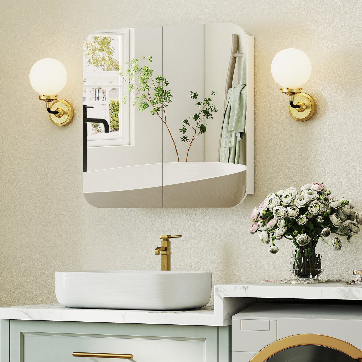 HOMCOM Arched Bathroom Mirror Cabinet With Adjustable Shelves White Wall Mounted