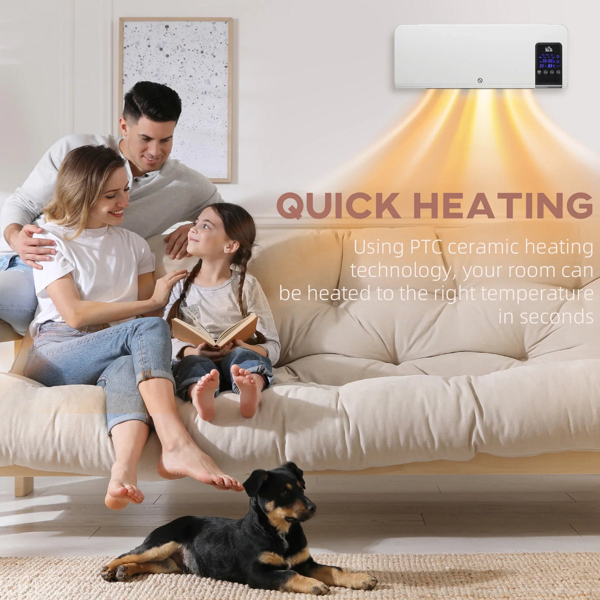 Wall-mounted white heater with digital display delivering warm air to a nearby sofa