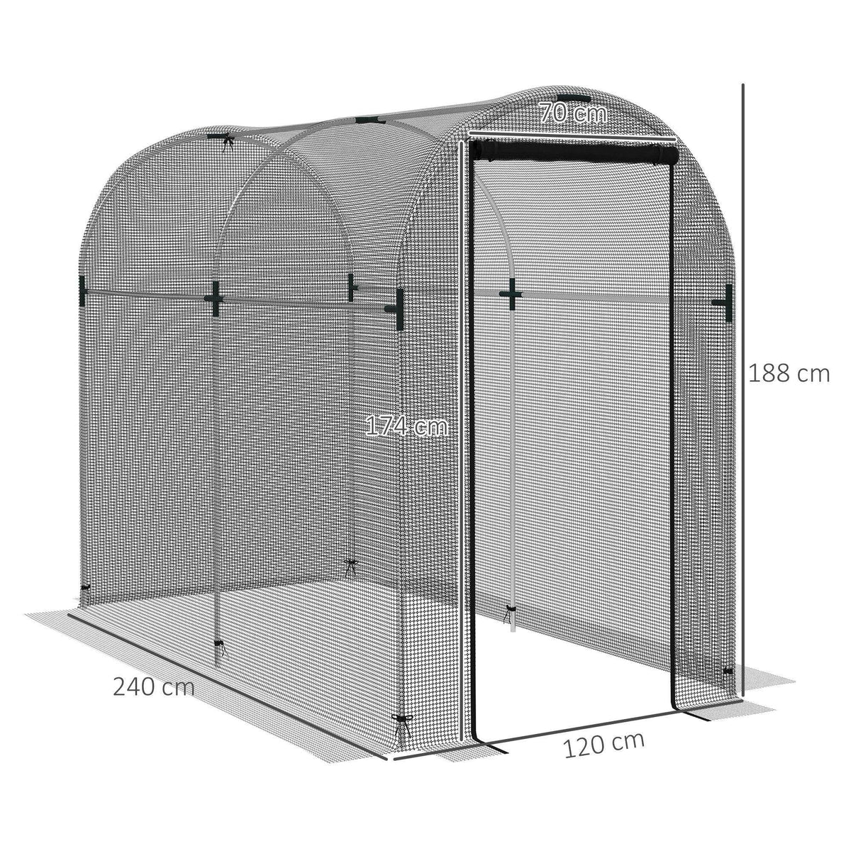 Mesh plant protection tent with zipped front door open and arched frame, showing size.
