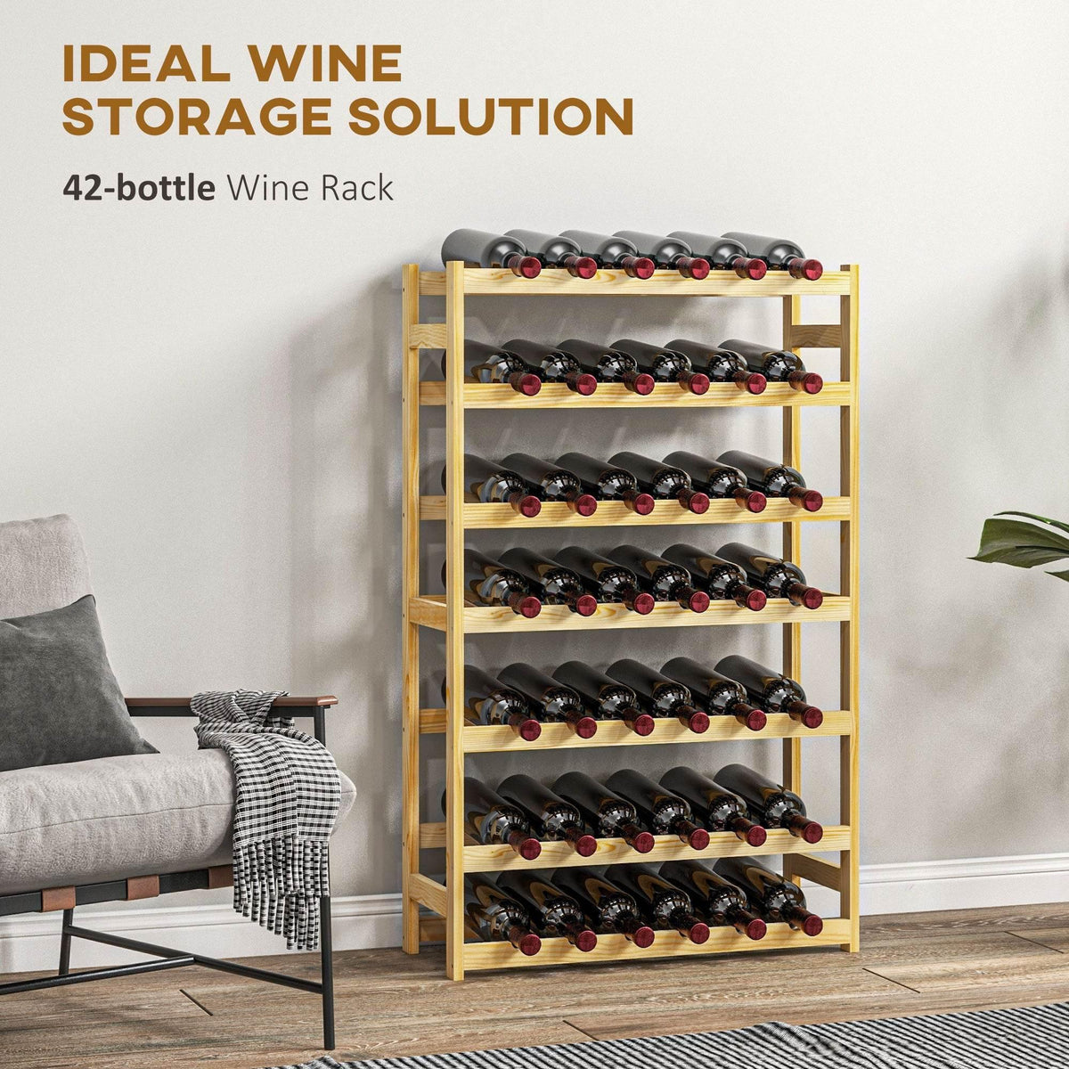 Pine wood wine rack with multiple horizontal rows for wine bottles