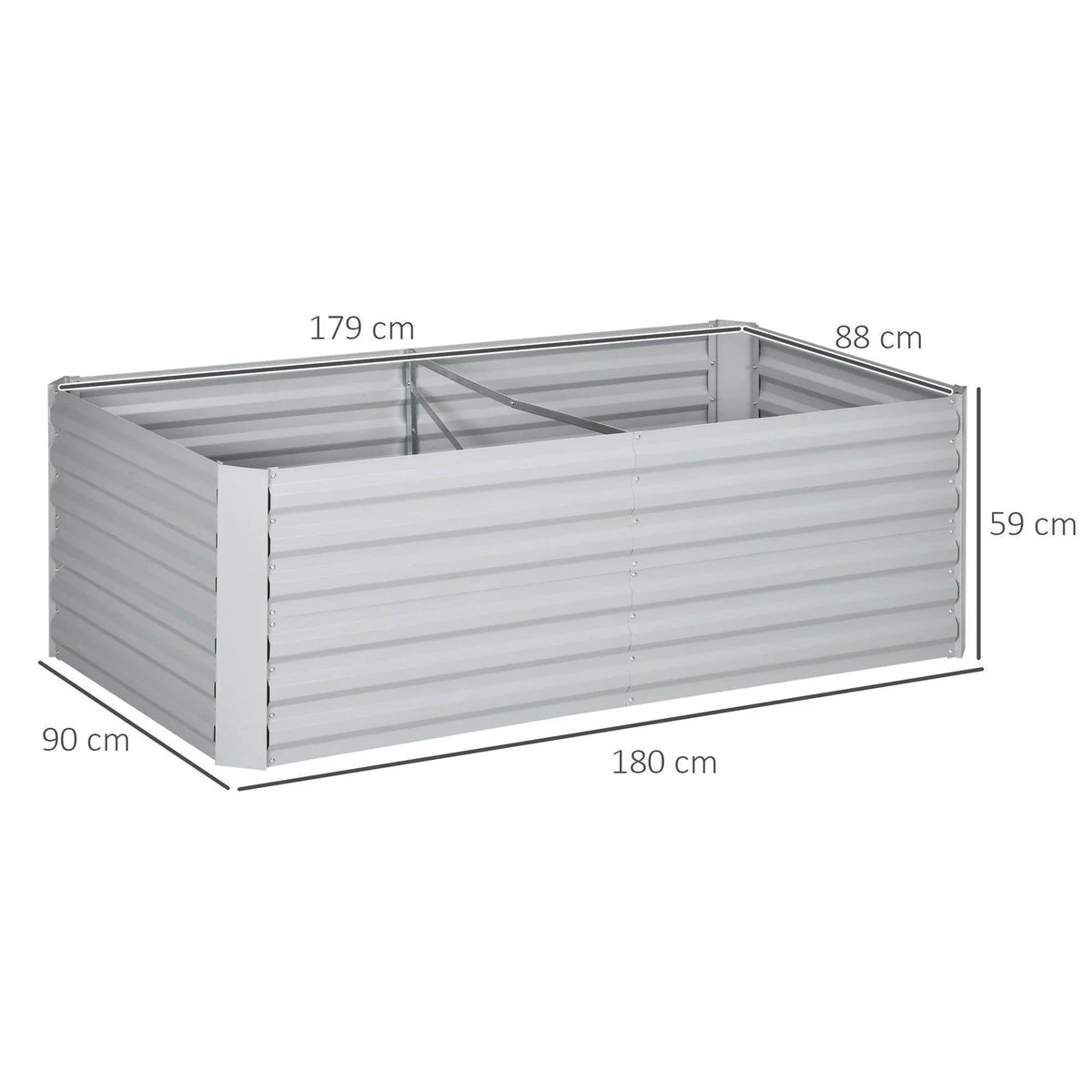 Light grey rectangular galvanized steel raised bed with open top and internal supports