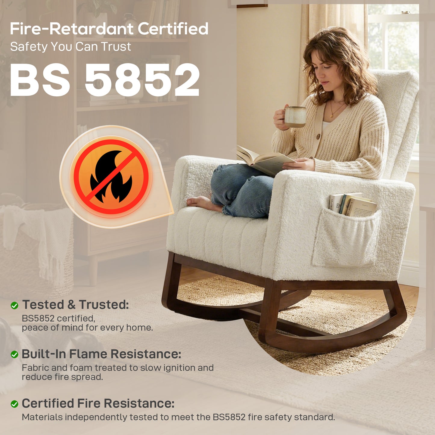 HOMCOM Rocking Chair for Adults with Lumbar Pillow and High Back Wood Base Side Pockets Cream White