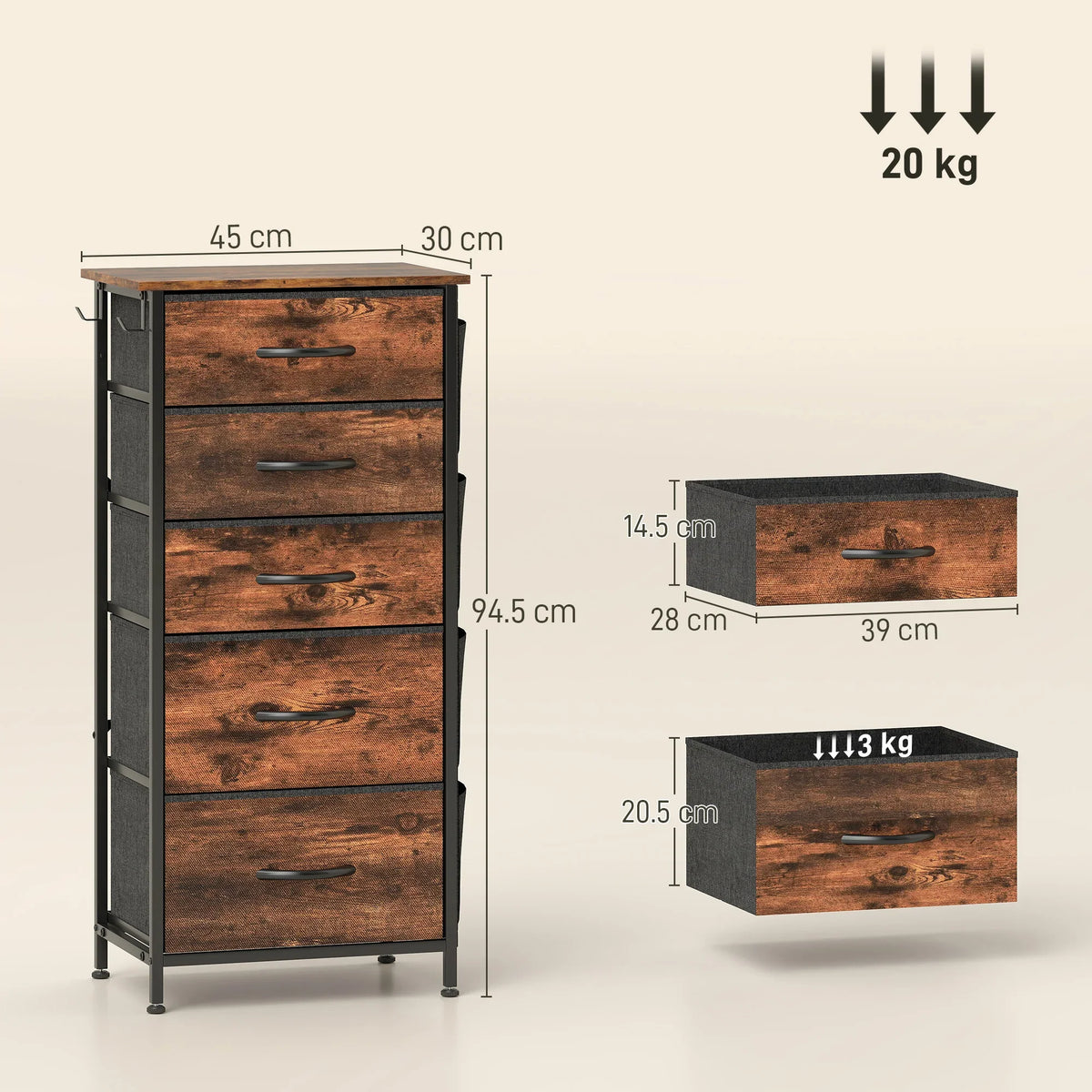 Five-drawer fabric chest with rustic brown drawer fronts and dark steel frame, side view