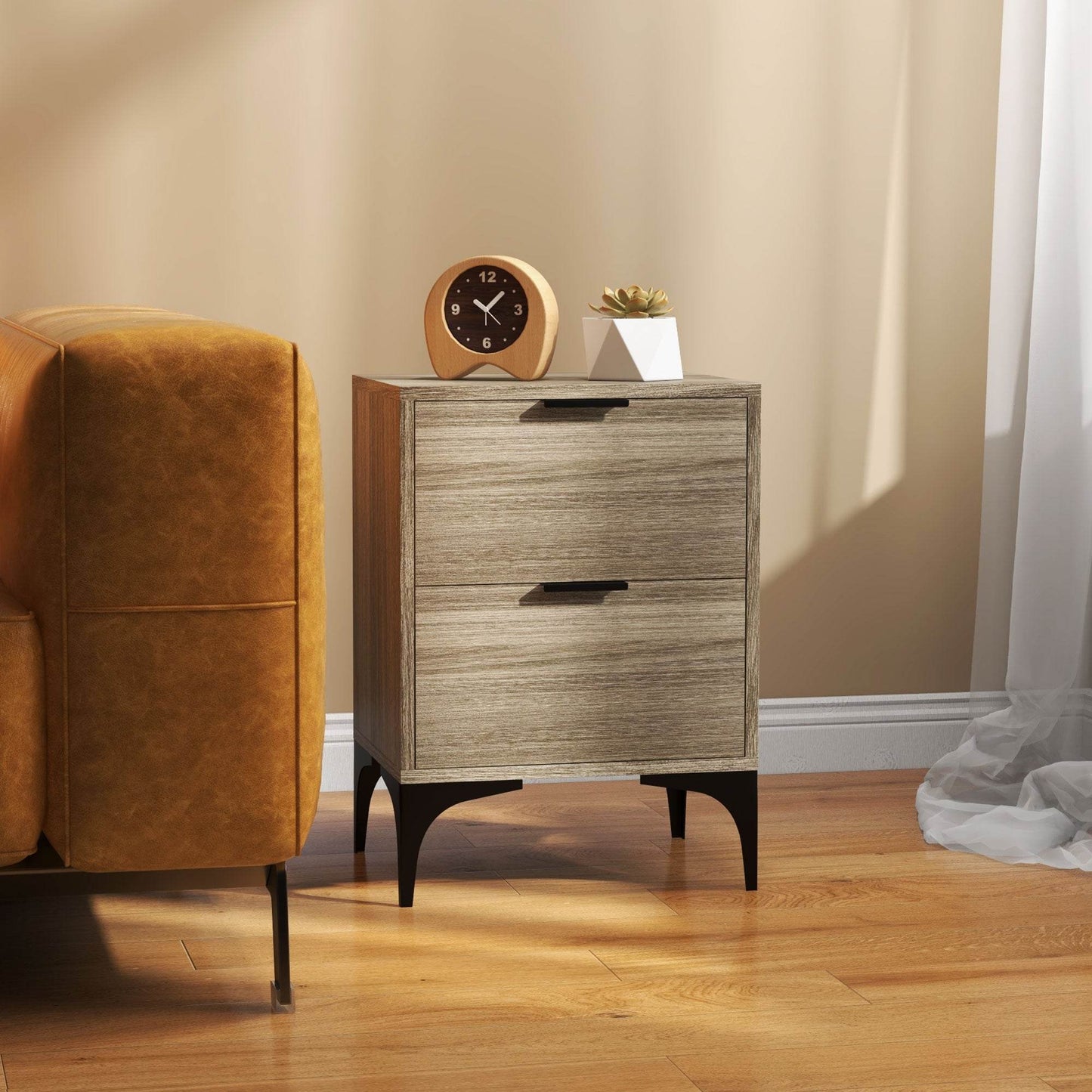 HOMCOM Set of 2 Modern Grey Nightstands with Steel Legs and Storage Drawers - ALL4U RETAILER LTD