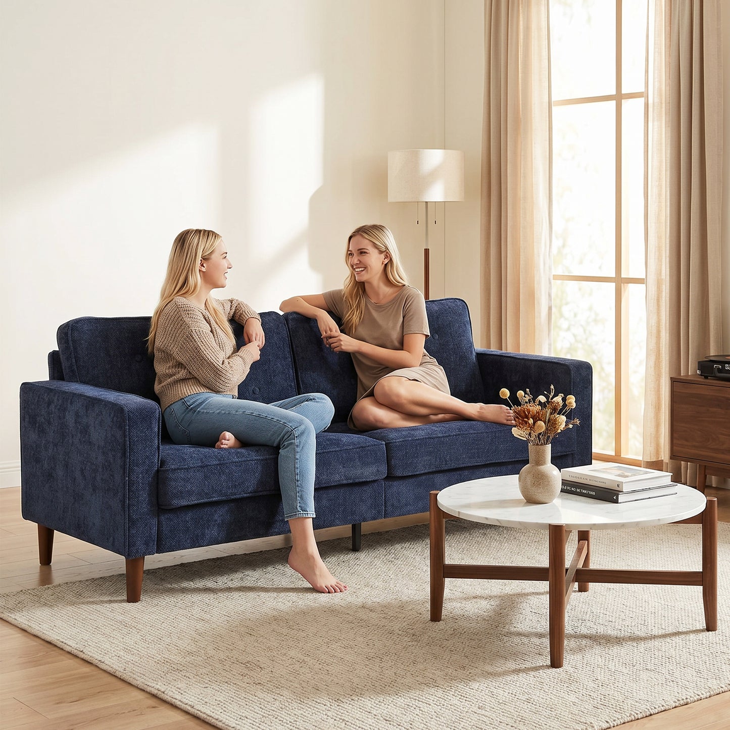 HOMCOM 3 Seater Sofa With Button Tufted Upholstered Velvet And Wood Legs For Living Room Dark Blue