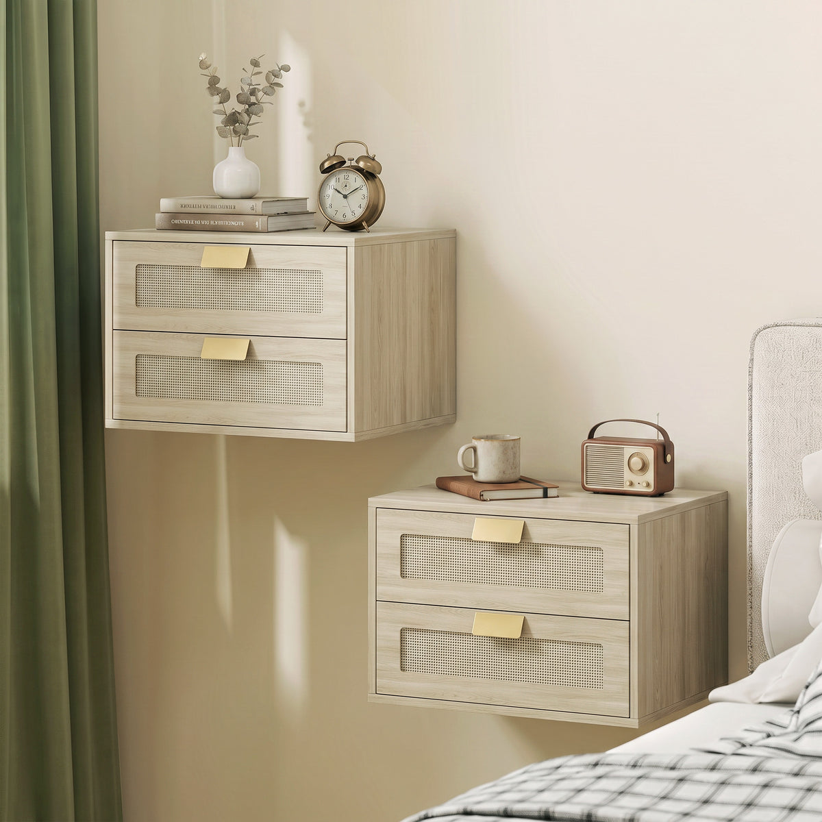 Wall-mounted floating nightstand set in light oak, two drawers with mesh fronts