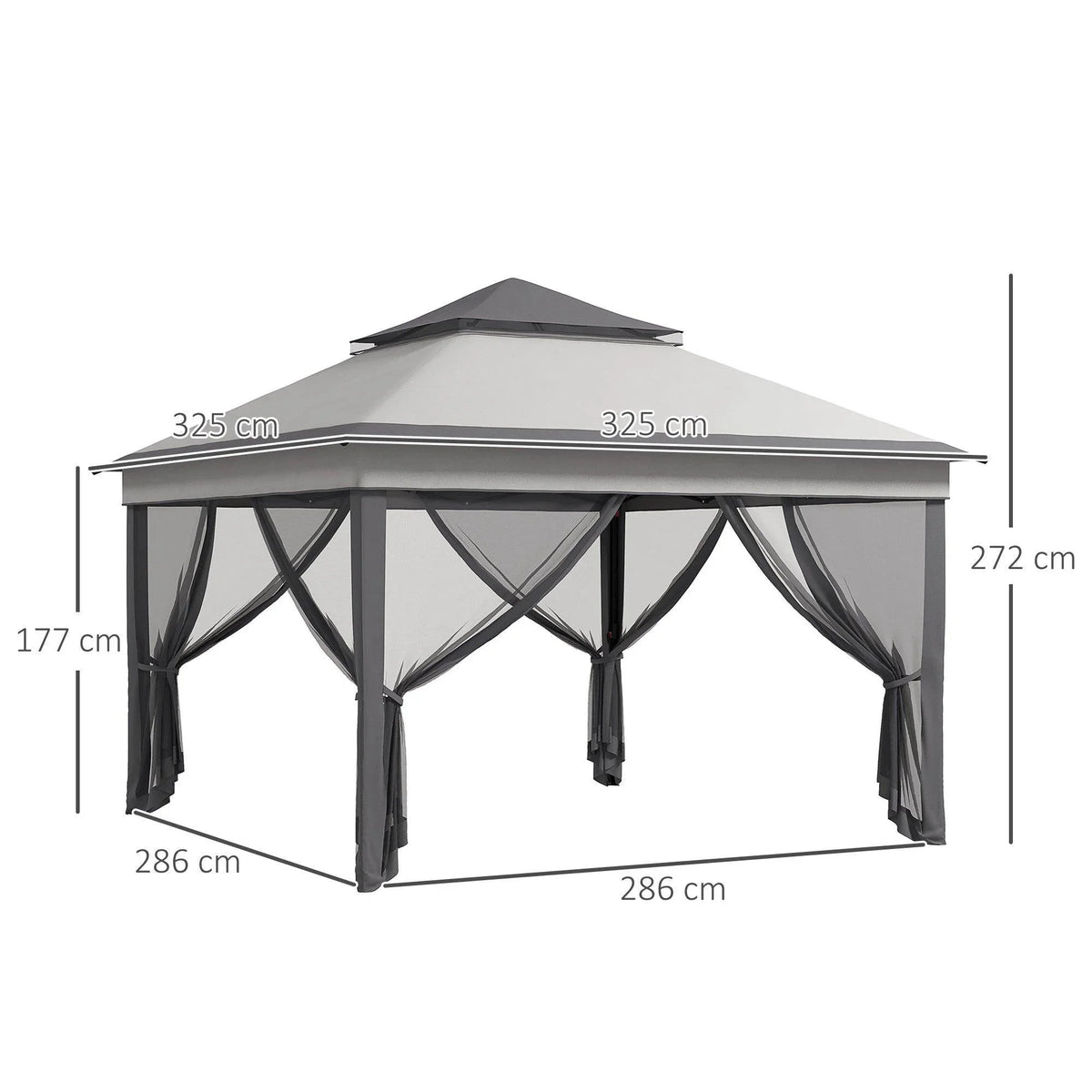Grey 3x3 pop-up gazebo with dark draped side curtains and corner posts, front view