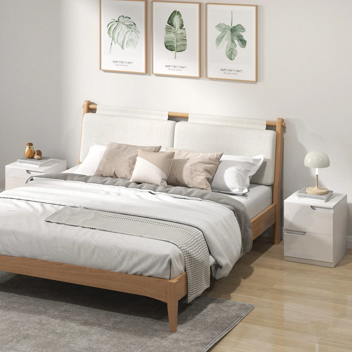 White high-gloss bedside table set of 2, handleless drawers with curved fronts
