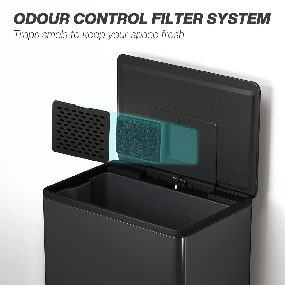Black trash bin with odor control filter compartment shown under open lid.