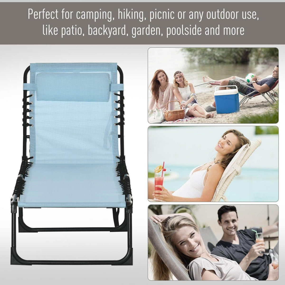 Light blue folding recliner lounge chair with black frame and mesh backrest