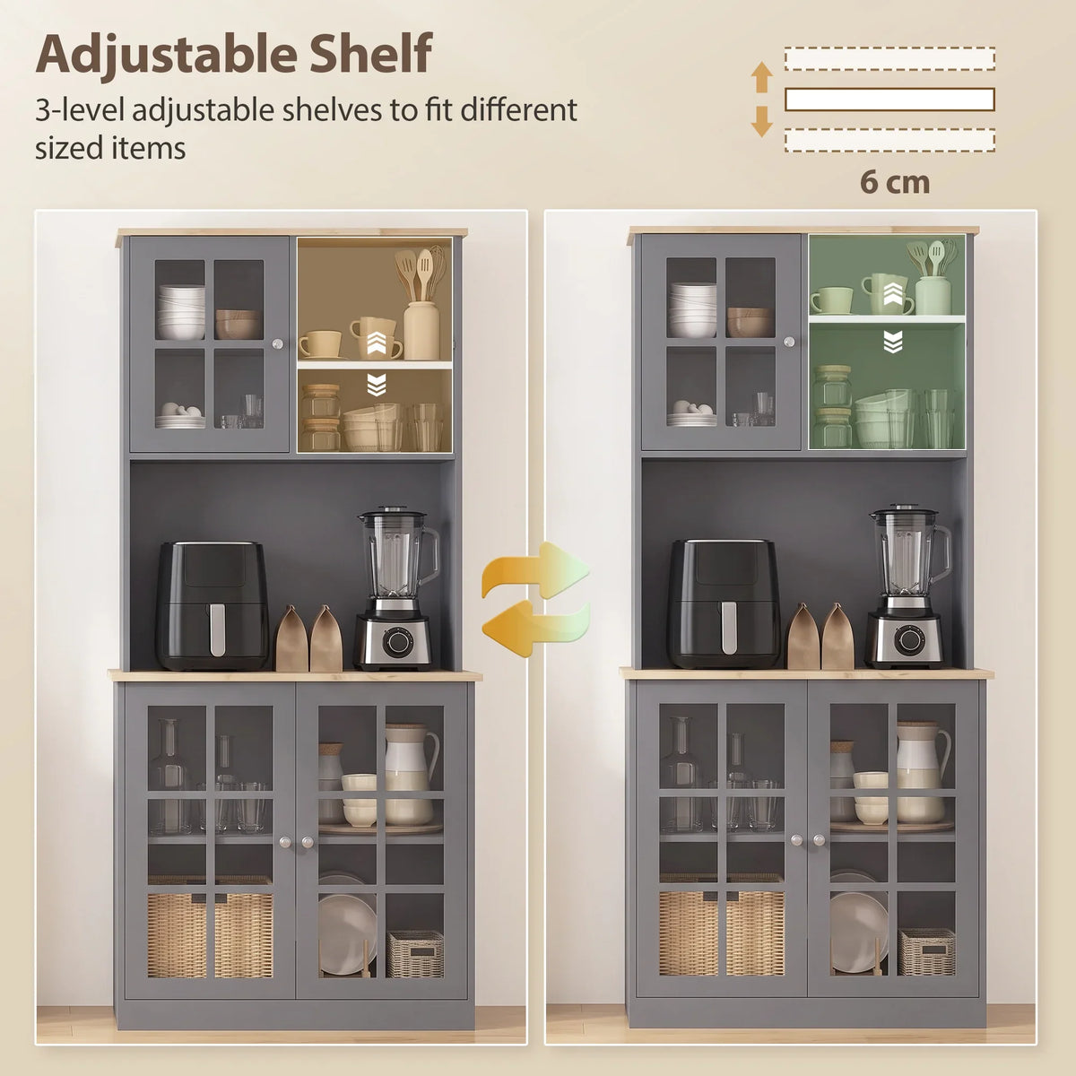 Grey cabinet interior with 3-level adjustable shelves, shown with size arrows