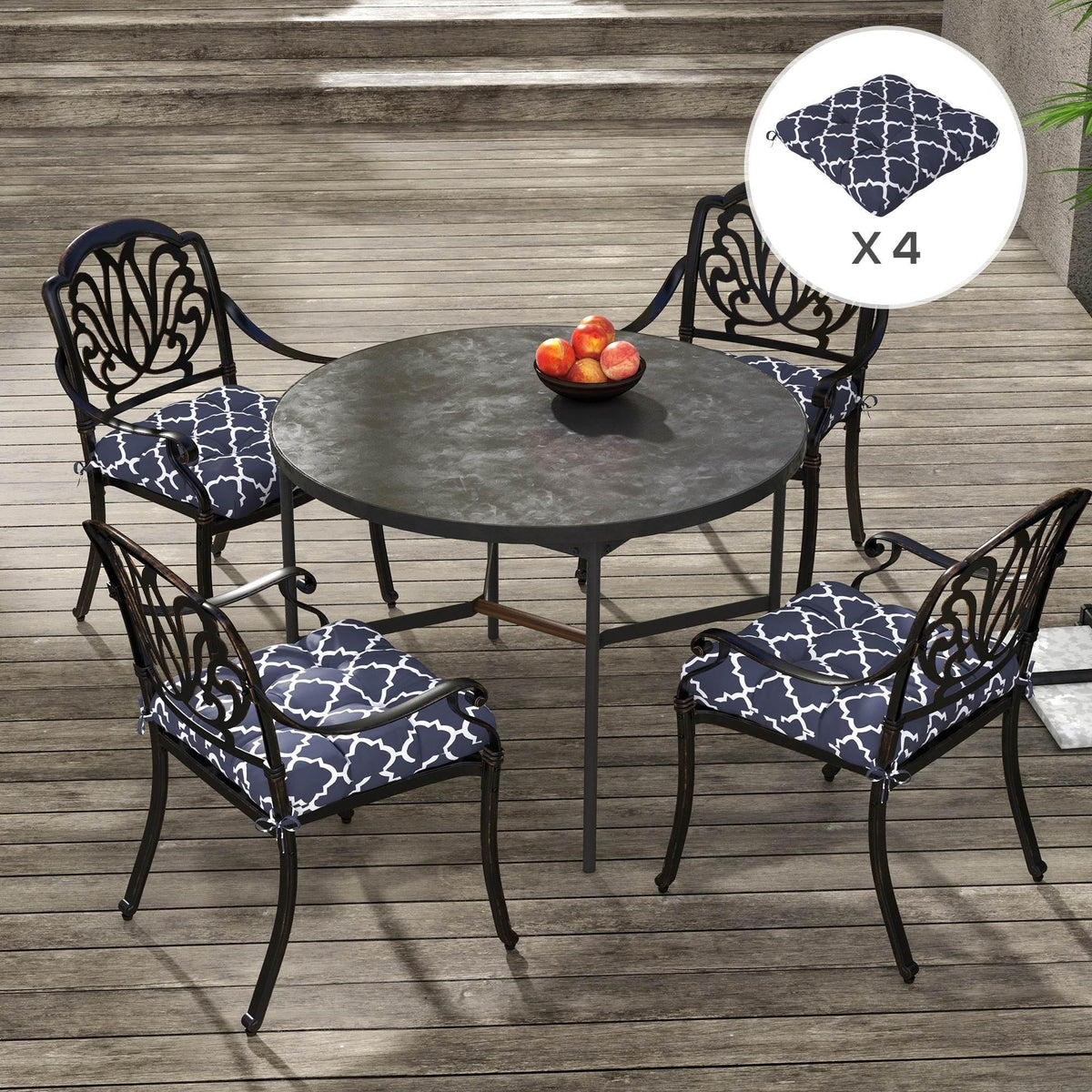 4-piece blue patio chair cushion set with navy lattice print and seat ties